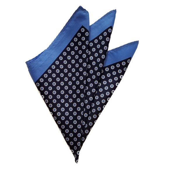 NEW - 100% Silk Pocket Square - Baby Blue & Navy Polka Dots - Picture 1 of 4